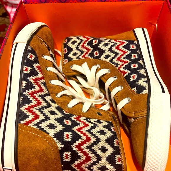 Tory Burch Shoes - Tory Burch Noah High Top Sneaker in ZIG ZAG KNIT/ CINNAMON Size 8.5 New